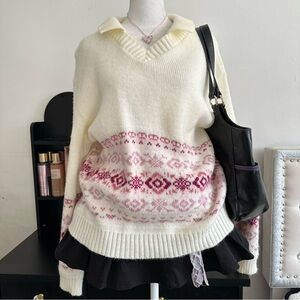 Vintage Cream and Pink Crew Neck Sweater